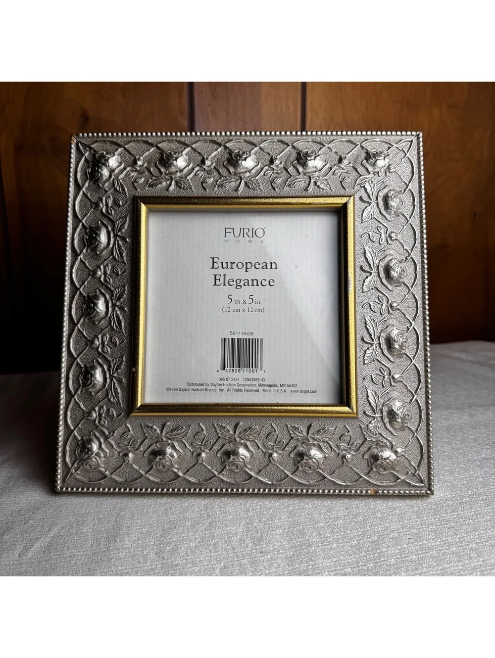 Vintage Furio Home 5x5 Silver Tone Rose Embossed Picture Frame Gold Trim